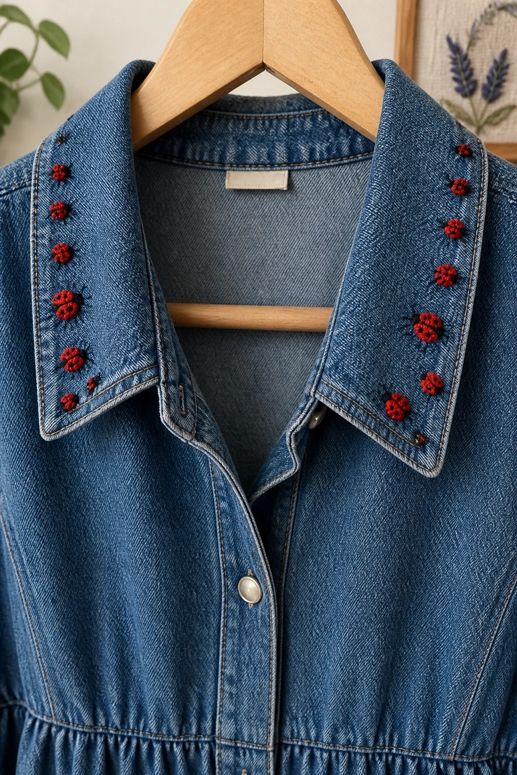 Blue denim dress with red ladybug embroidery on collar, on wooden hanger
