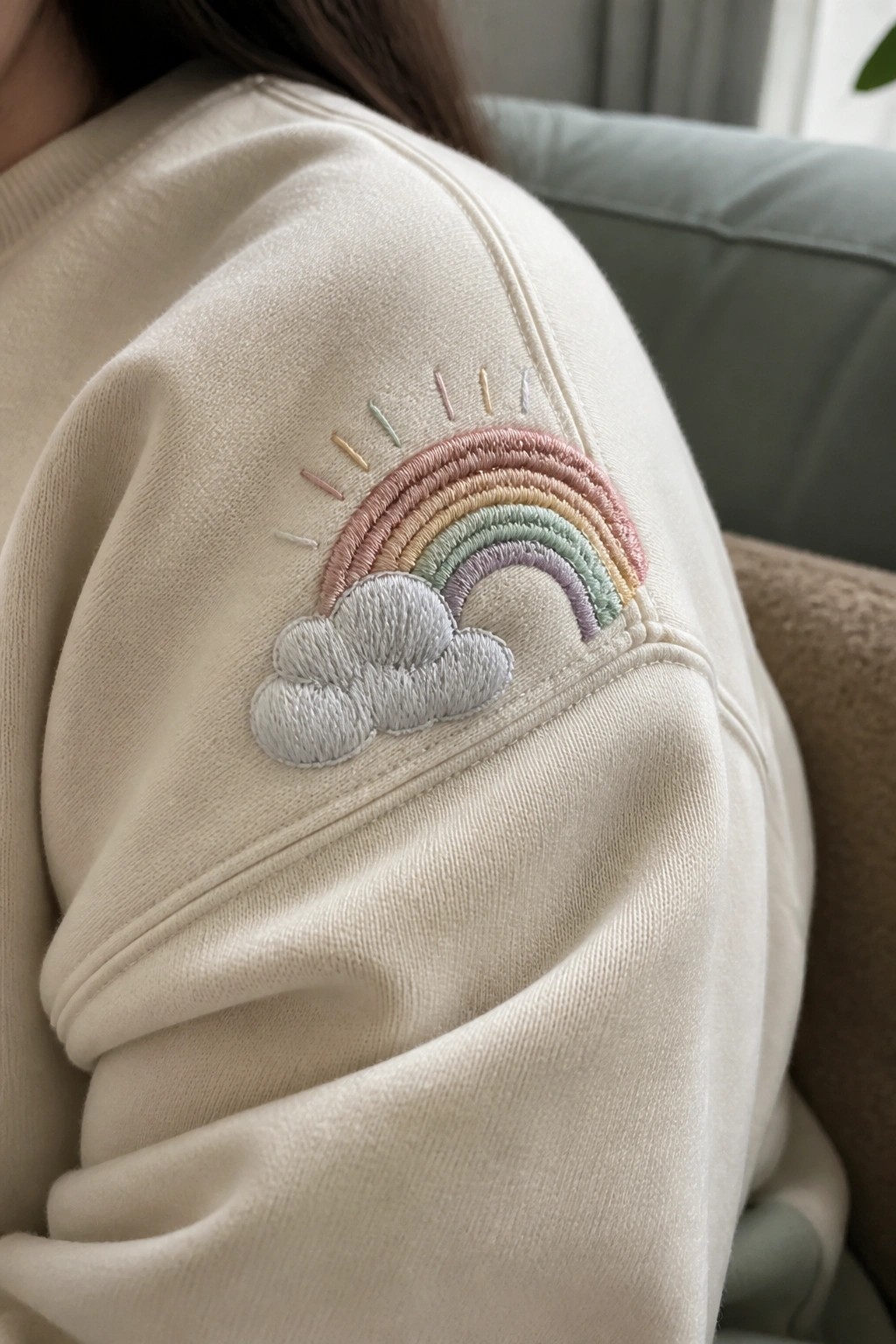 Cream sweatshirt with embroidered pastel rainbow, clouds, and sun rays on sleeve