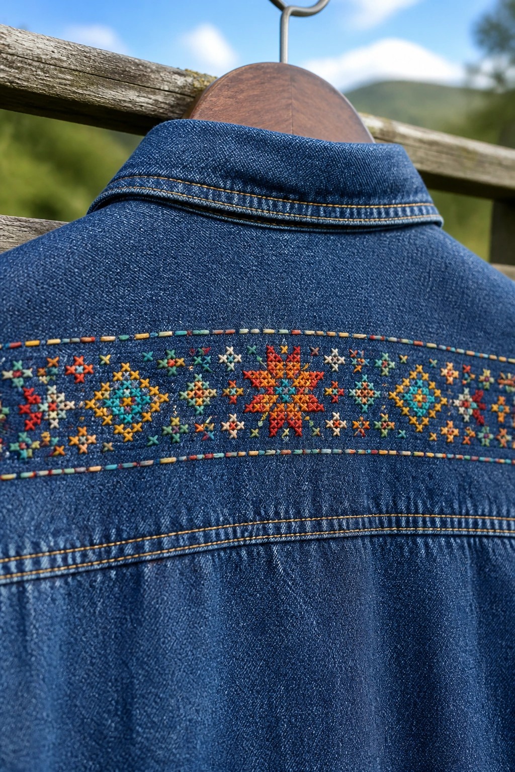 Blue denim jacket with vibrant multicolored cross-stitch embroidery on wooden hanger outdoors