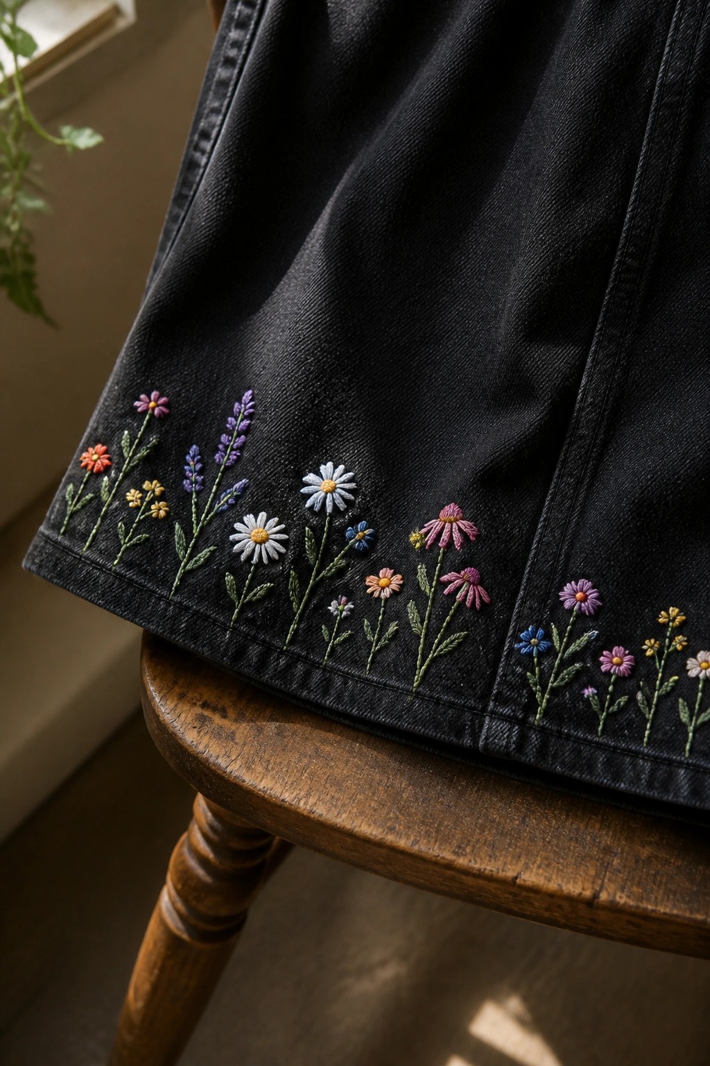 Black denim garment with colorful wildflower embroidery along the hem on a wooden stool.