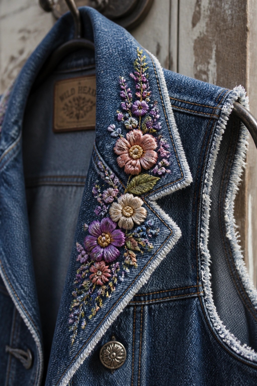 Blue denim vest with colorful floral embroidery on collar and lapel.