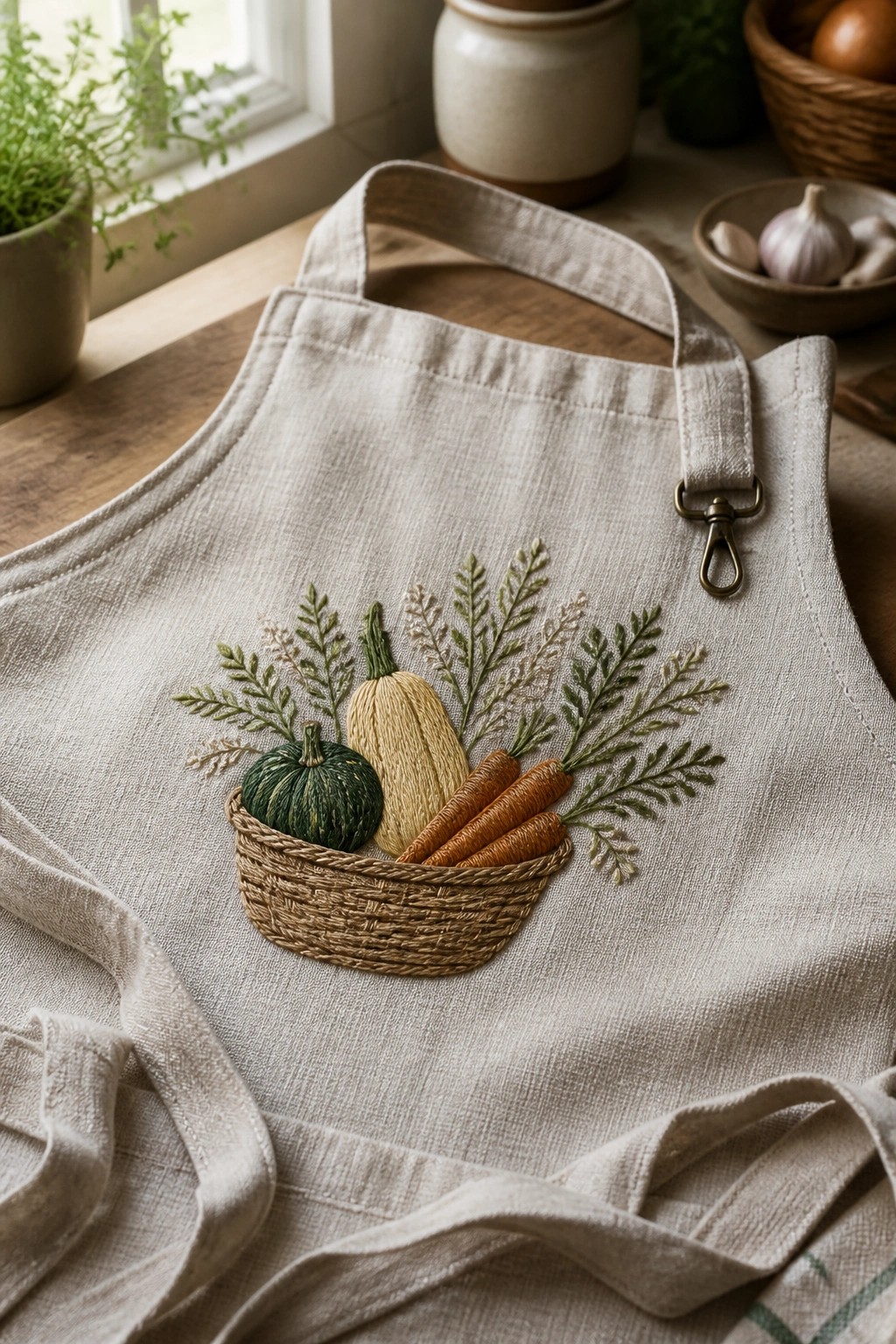 Beige linen apron embroidered with basket of pumpkin, squash, carrots, and herbs.