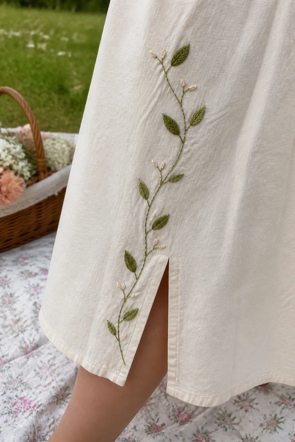 White skirt with green embroidered vine, side slit on floral picnic blanket.