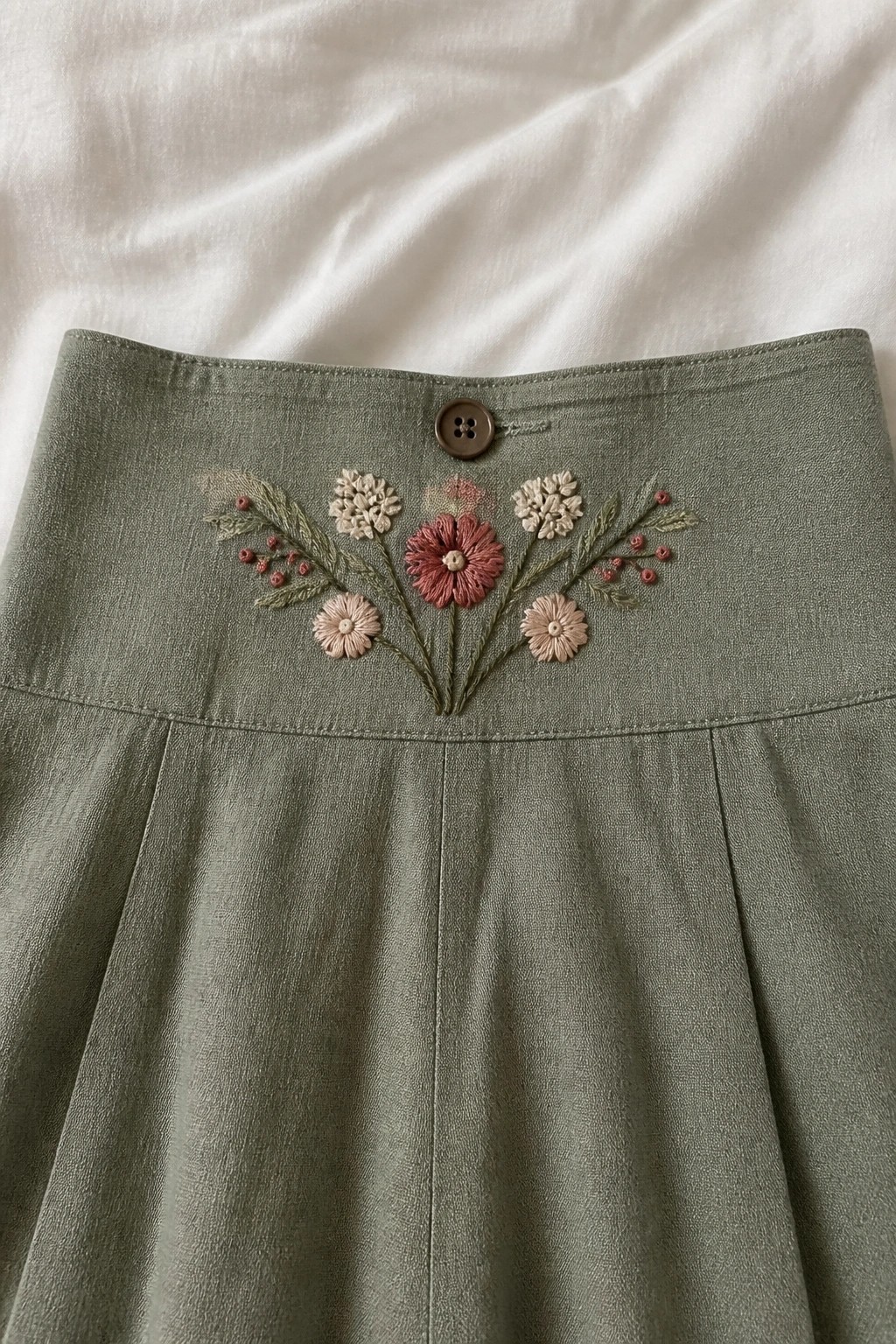 Sage green skirt waistband with pink floral embroidery and brown button.