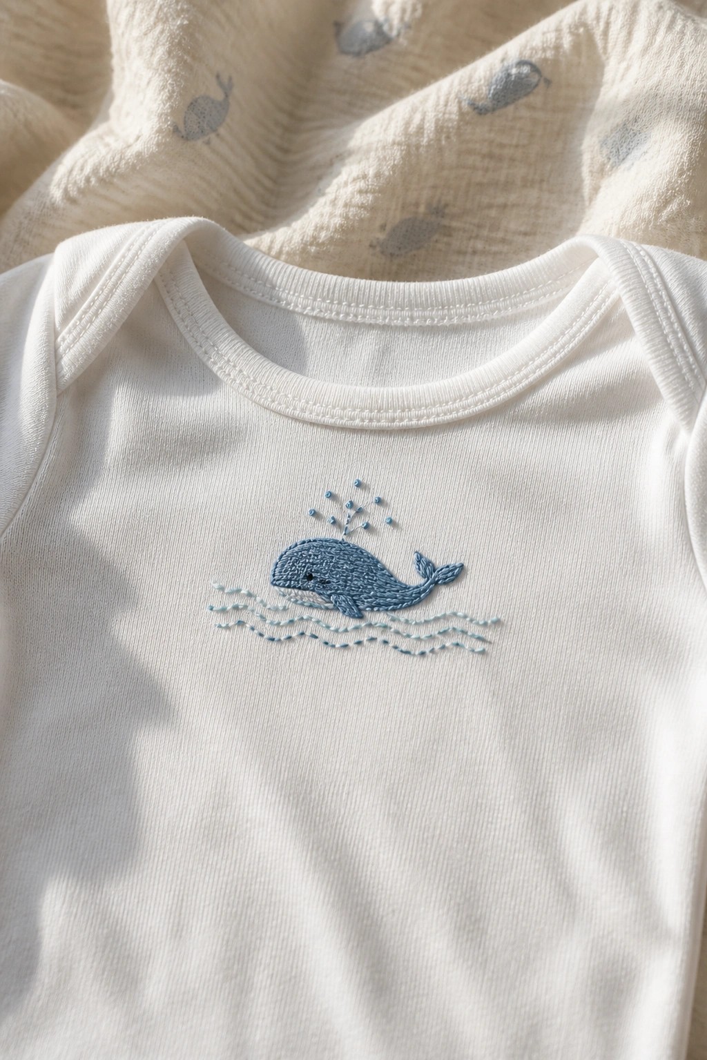 White onesie embroidered with blue whale spouting water above waves
