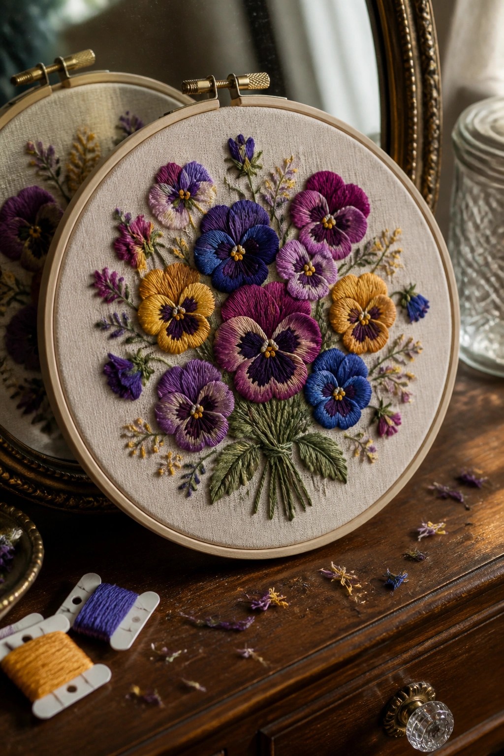 Embroidery hoop with vibrant purple blue and yellow pansy bouquet on wooden table with thread spools