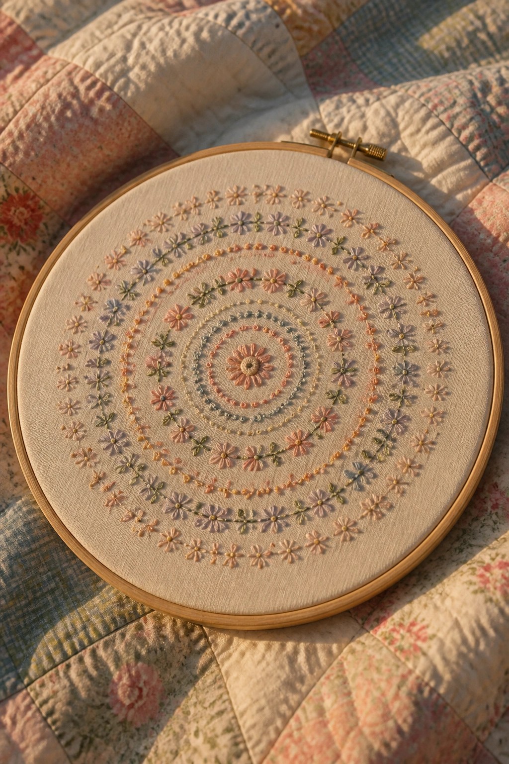 Pastel floral spiral embroidery in wooden hoop atop patchwork quilt