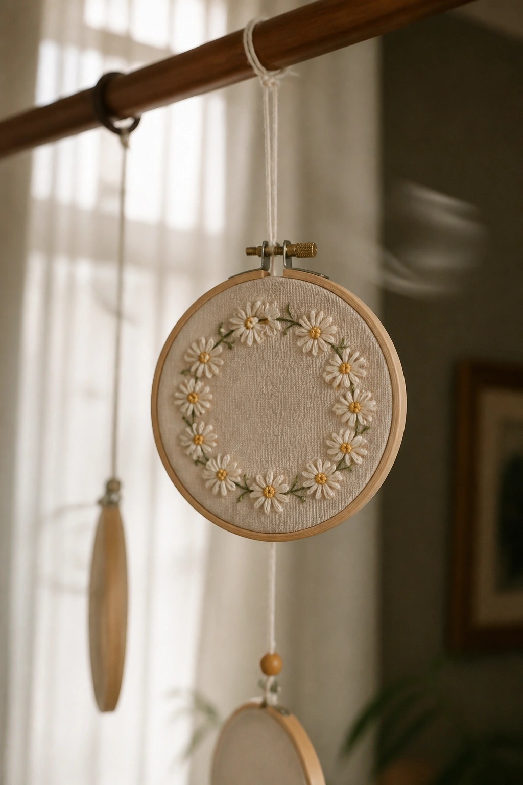 Hanging embroidery hoop with circle of white daisies on beige fabric