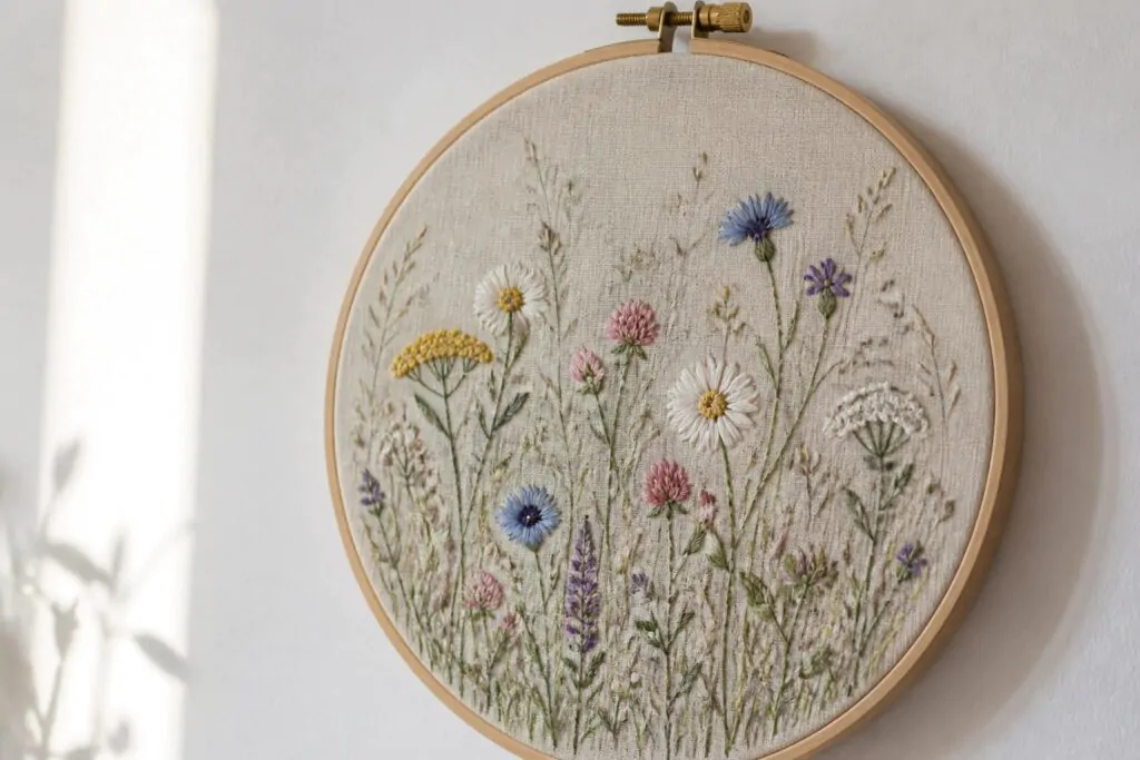 24 Inspiring Flower Embroidery Hoop Designs for Handmade Wall Art Wooden embroidery hoop with beige fabric embroidered with scattered wildflowers in pastel colors and green stems.
