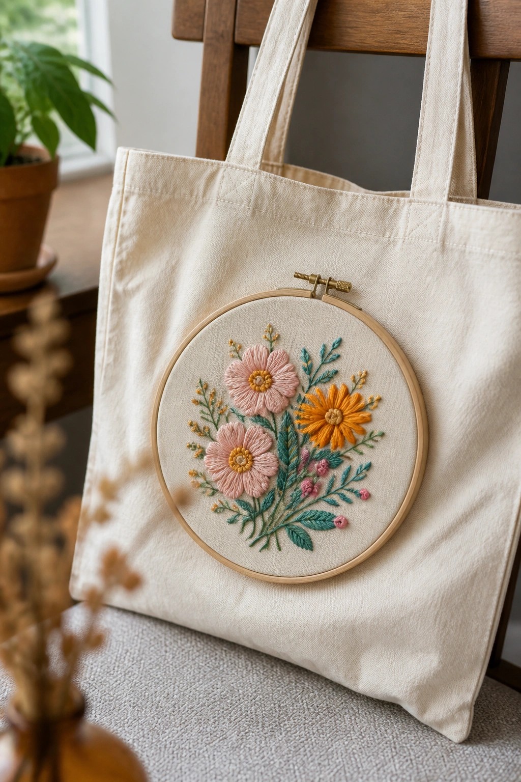 Canvas tote bag with a wooden hoop holding pink and orange embroidered flowers centered on the front.