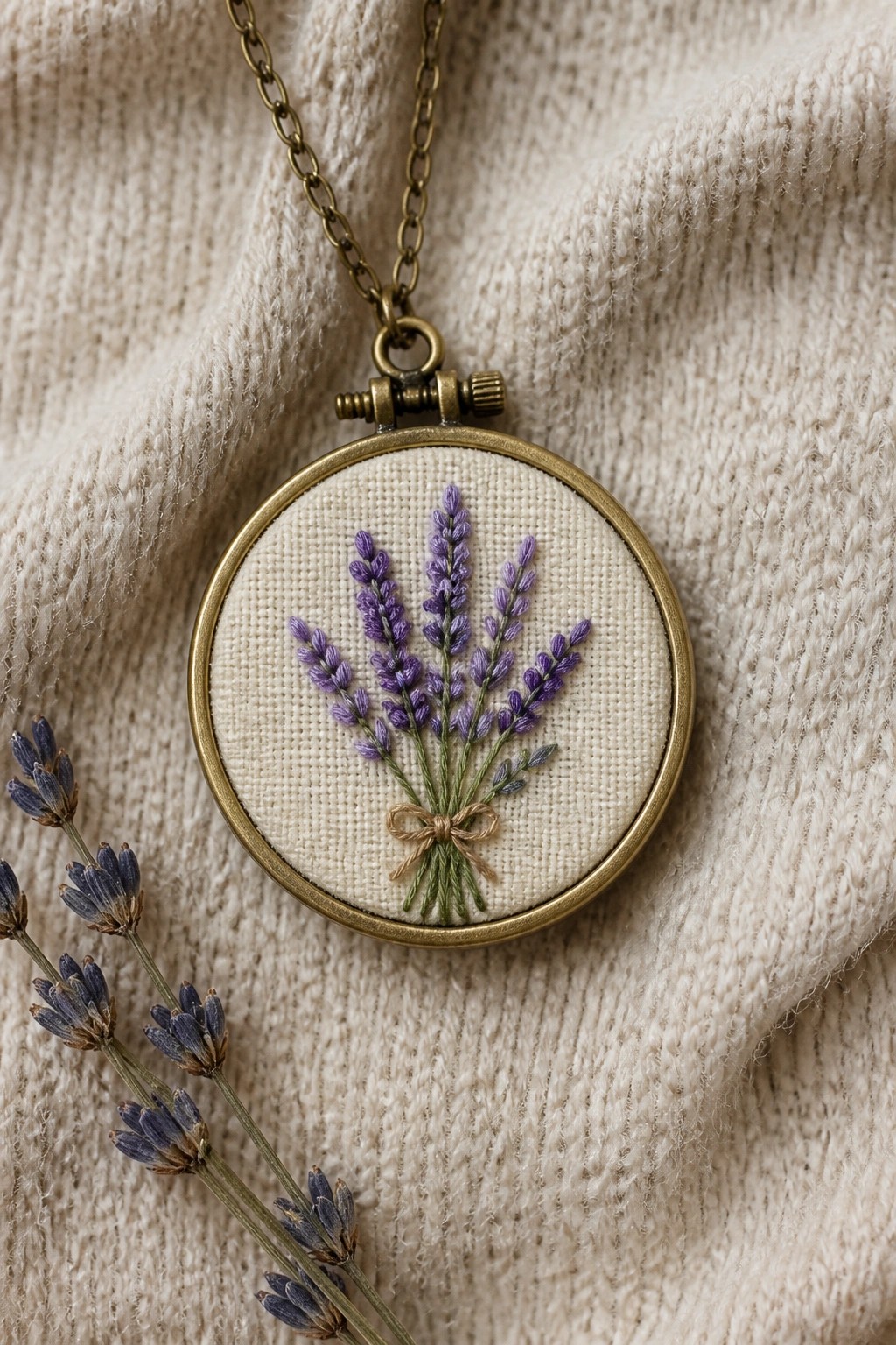 Miniature hoop pendant with embroidered lavender bouquet on cream knit sweater.