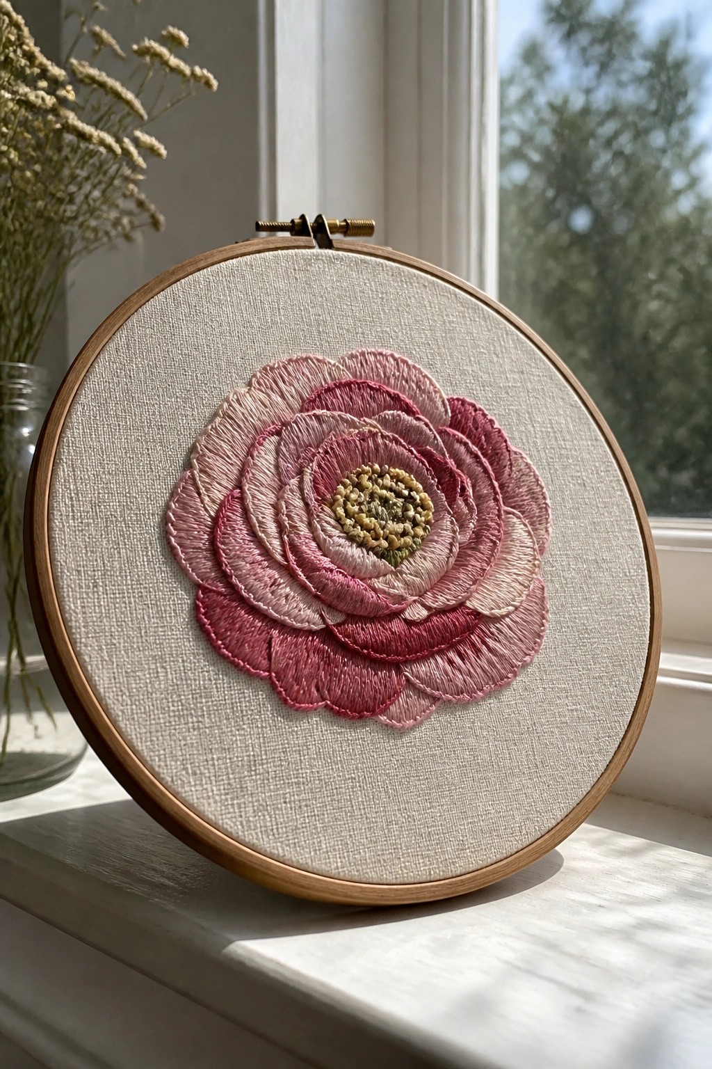 Embroidered pink flower in wooden hoop on sunlit windowsill with window view