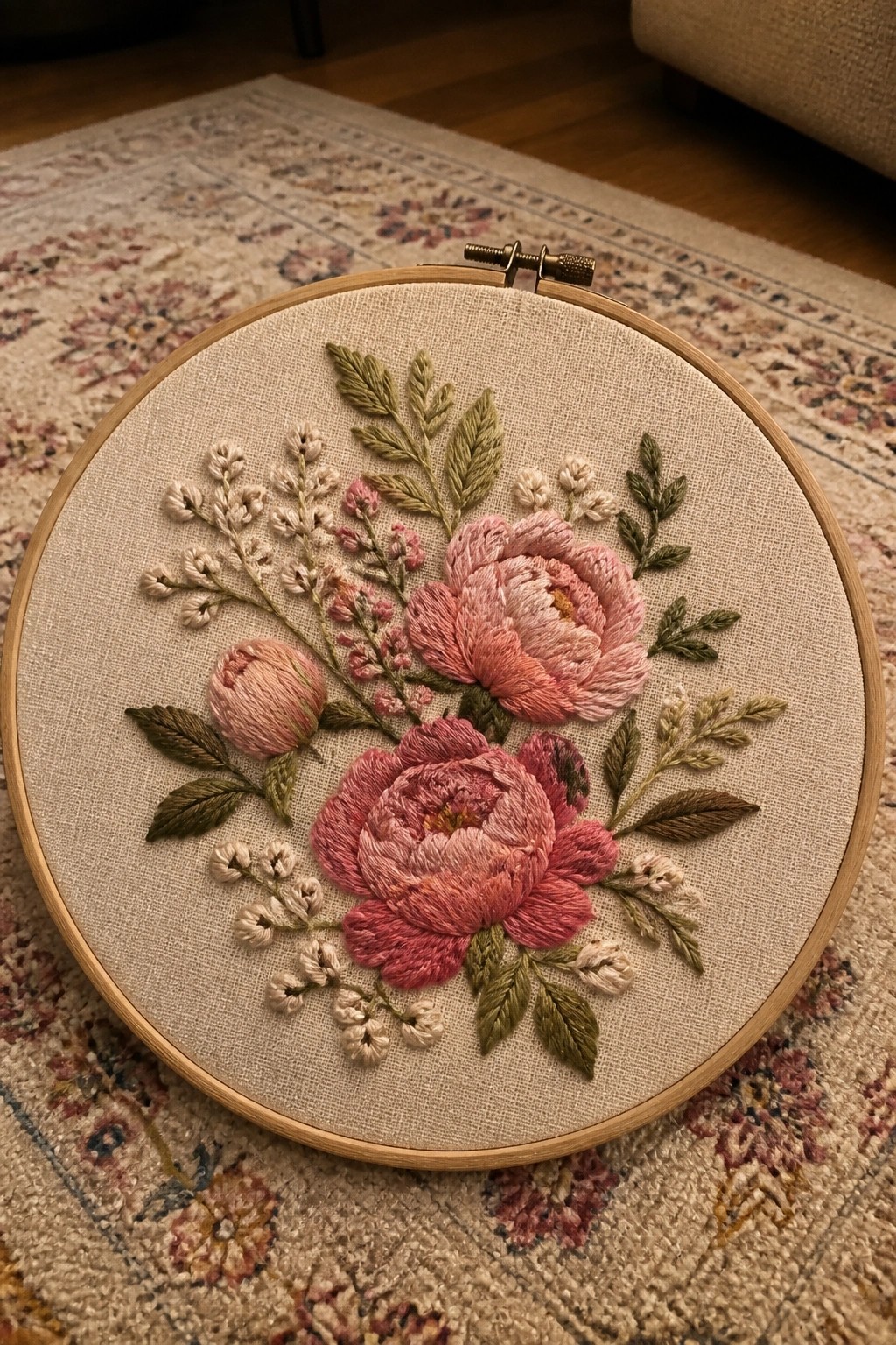 Pink peonies and buds embroidered in wooden hoop with green leaves on rug.