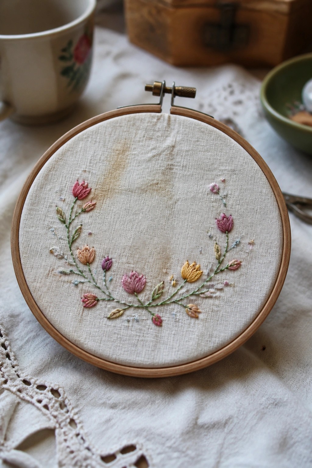 Wooden hoop with pink, yellow, and green floral embroidery on beige fabric