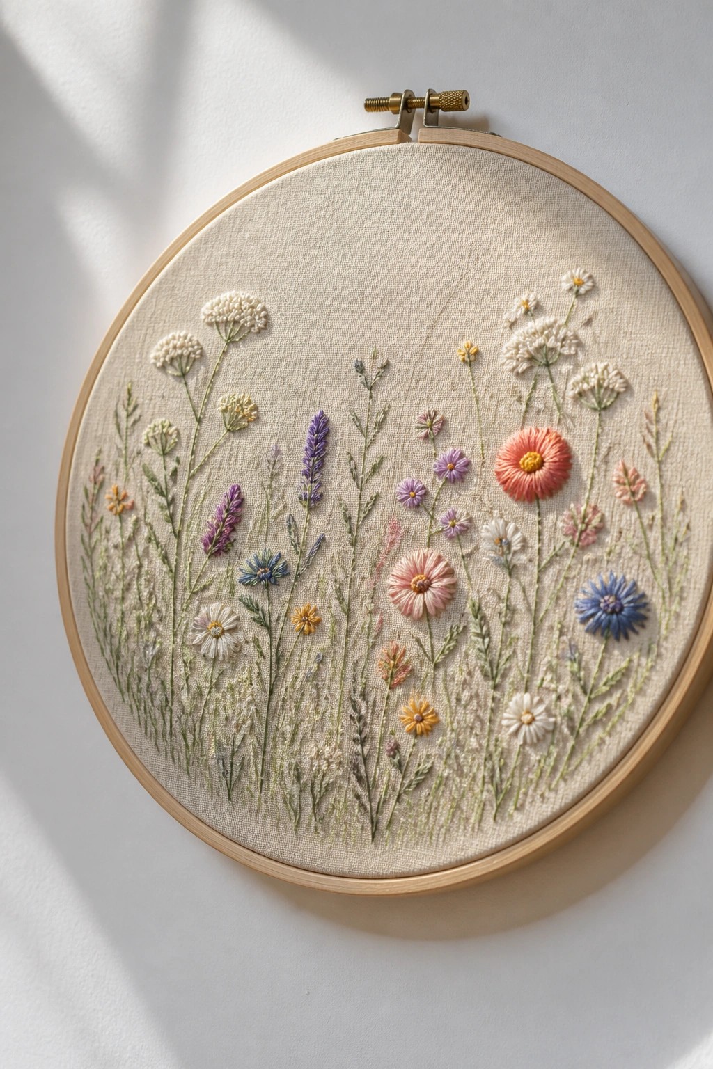 Wooden embroidery hoop with beige fabric embroidered with scattered wildflowers in pastel colors and green stems.