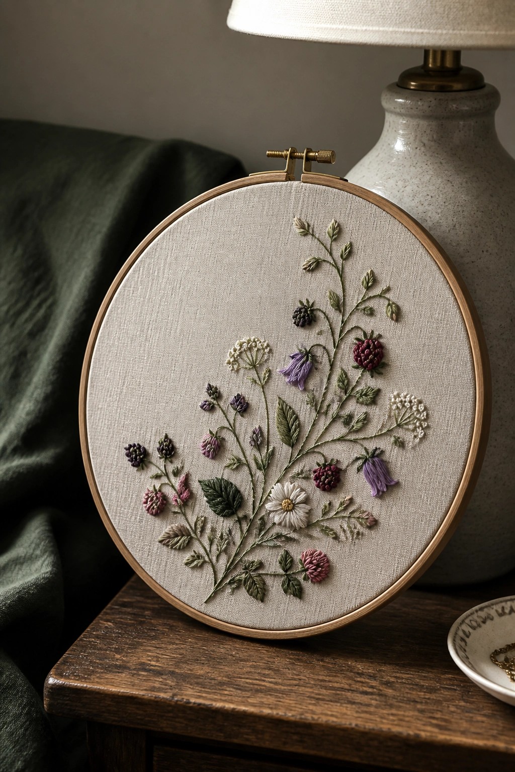 Embroidery hoop with wildflowers, berries, and green foliage stitched on beige fabric, placed on a wooden surface next to a lamp.
