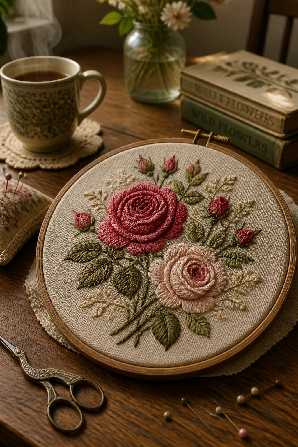 Pink rose embroidery hoop on wooden table with teacup, books, and scissors