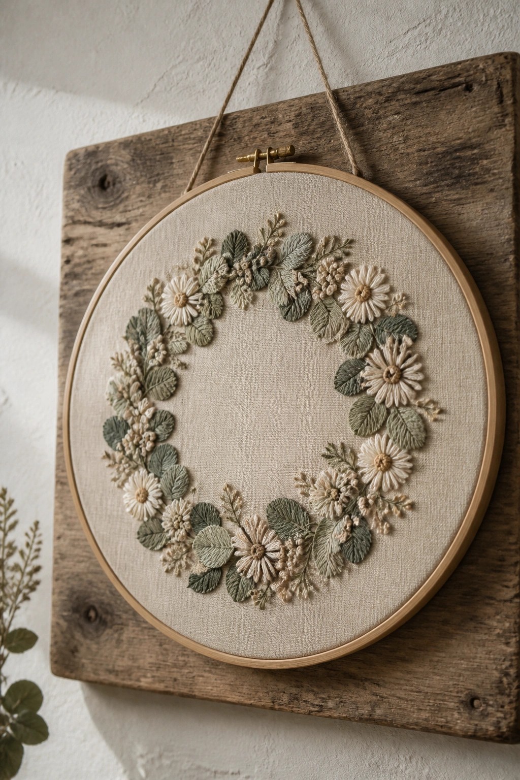 Embroidery hoop with a partial circle of stitched flowers and leaves in soft green and cream tones on beige fabric.