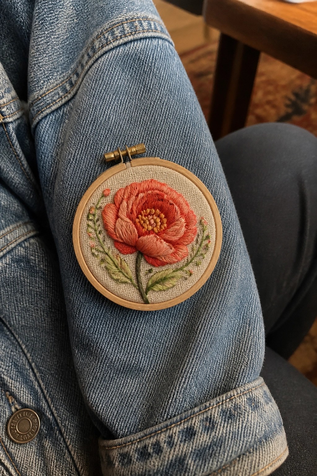Small wooden hoop with red poppy embroidery pinned to blue denim jacket sleeve