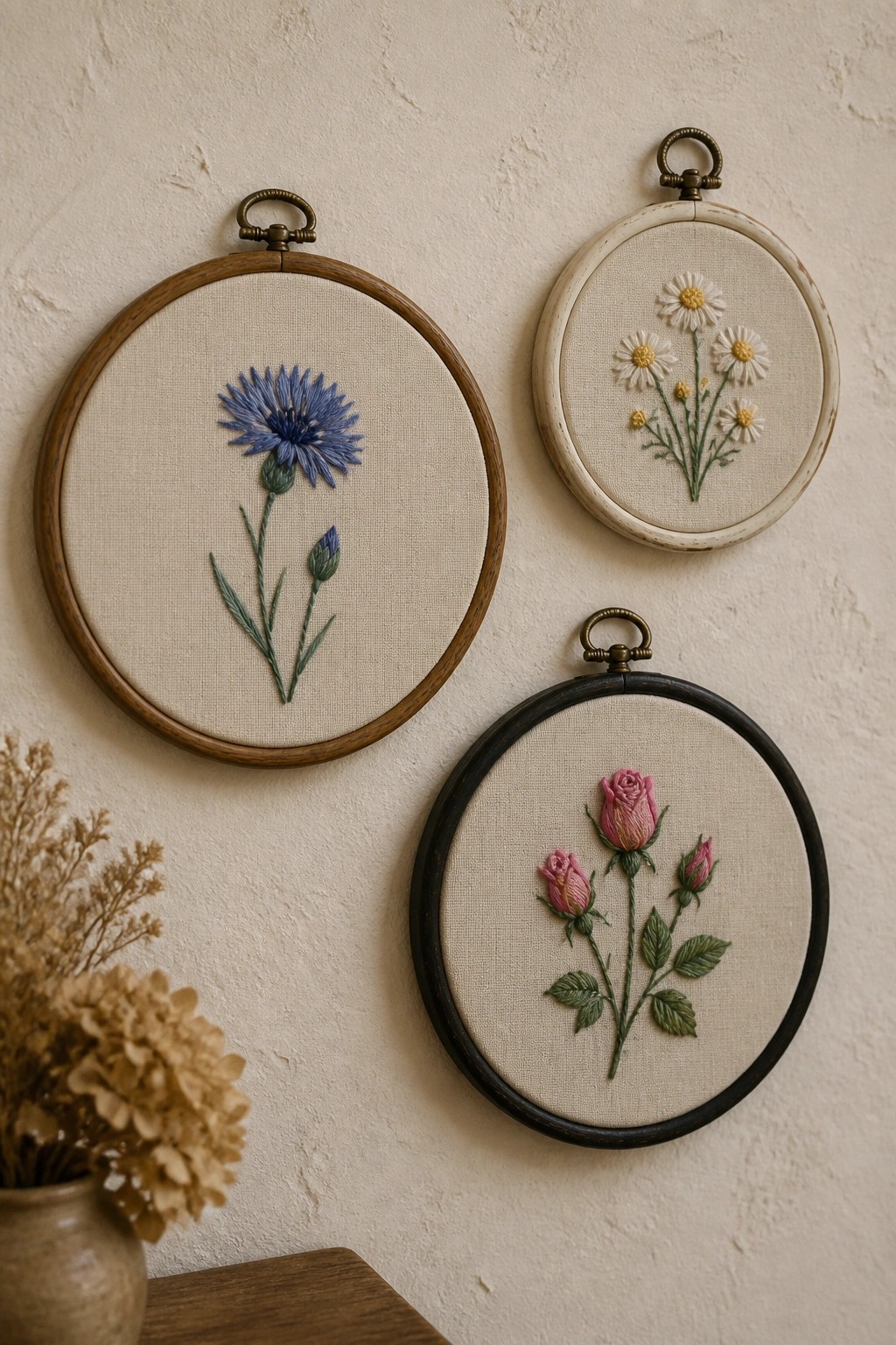 Three embroidery hoops with blue cornflower, white daisies, and pink roses on wall
