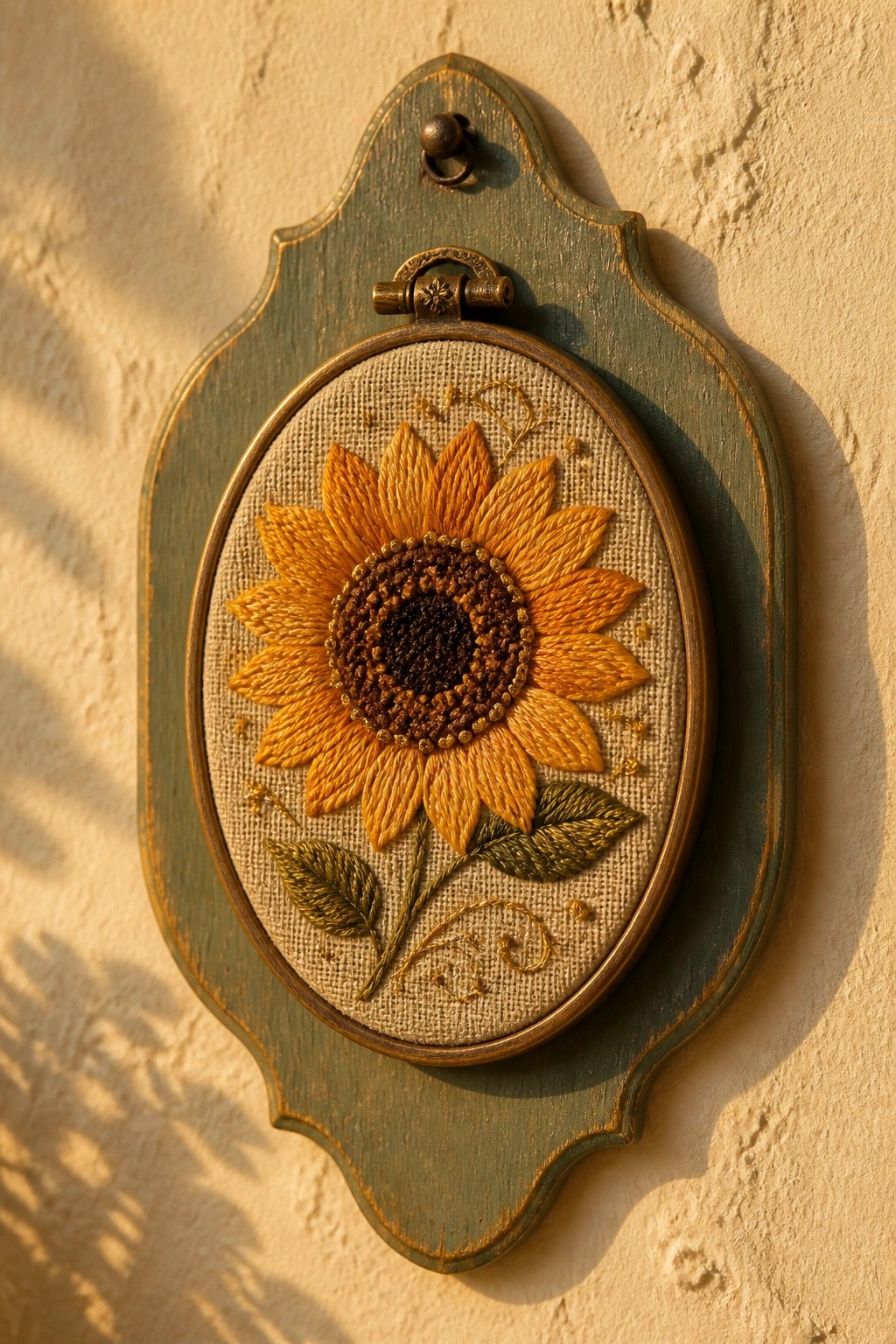 Embroidered yellow sunflower in hoop on distressed green wooden plaque on wall