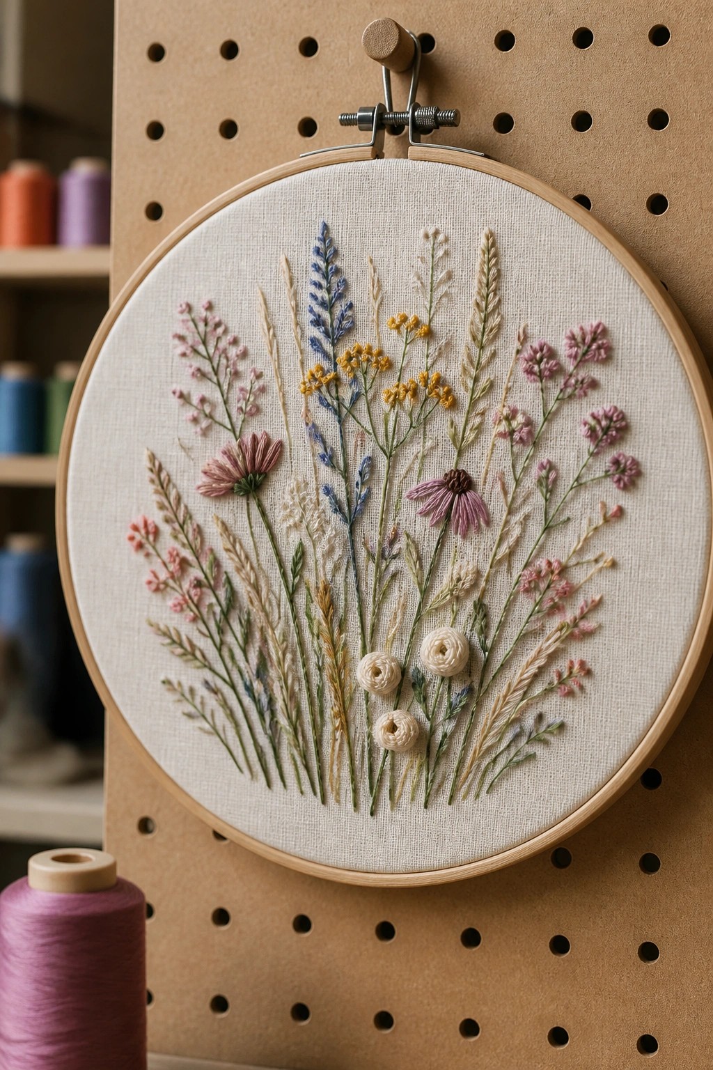Wooden embroidery hoop with colorful wildflower stitches on pegboard background