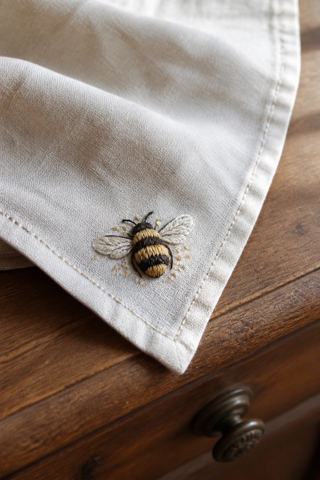 Embroidered bumblebee on white fabric over wooden table with drawer knob