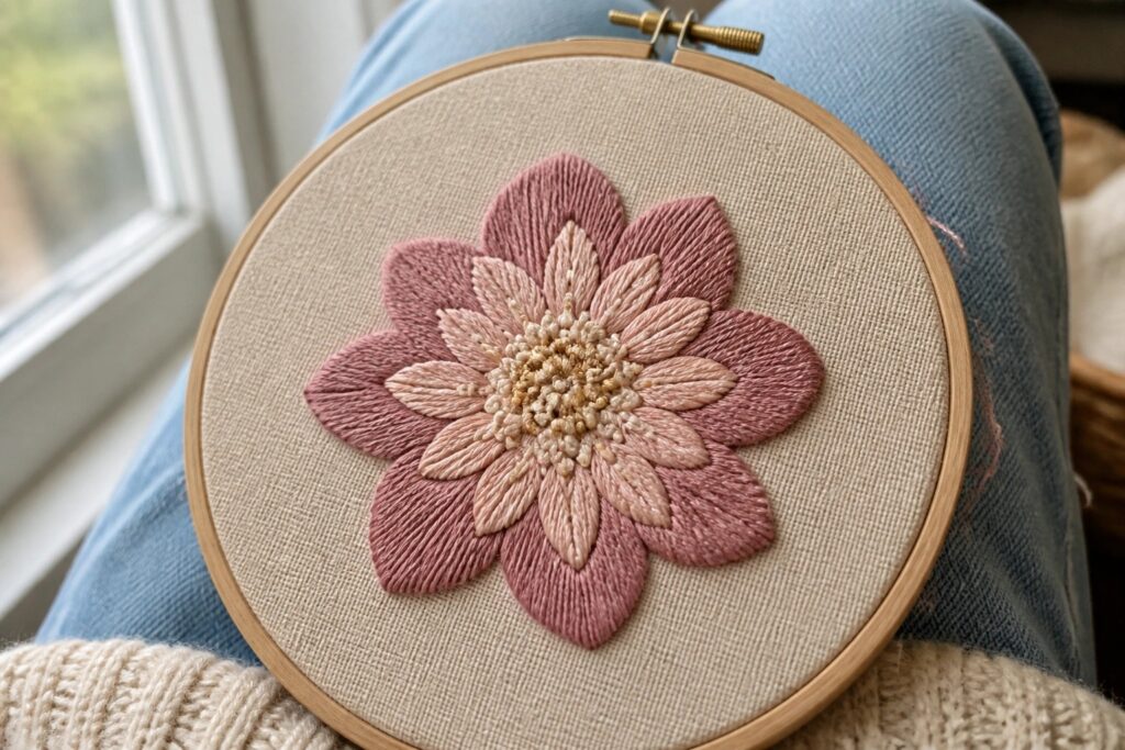 24 Inspiring Modern Hand Embroidery Projects Using Layered Textures Pink layered flower embroidery in wooden hoop on lap with blue jeans and sweater