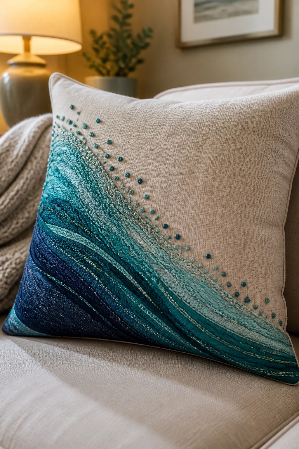 Beige pillow with teal and blue embroidered wave design and beads on couch