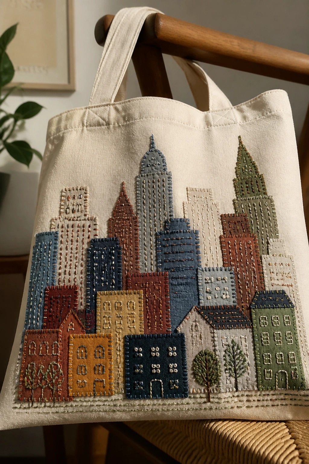 Cream tote bag embroidered with colorful patchwork city skyline on wooden chair.