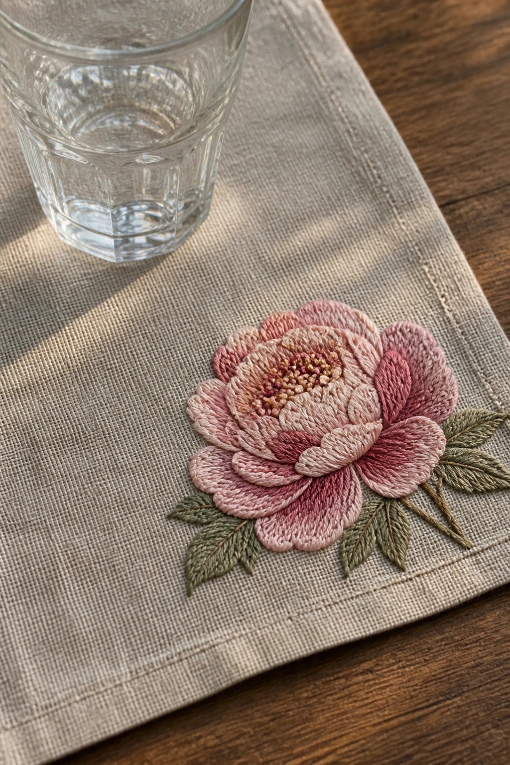 Pink embroidered peony with green leaves on beige linen napkin beside glass.