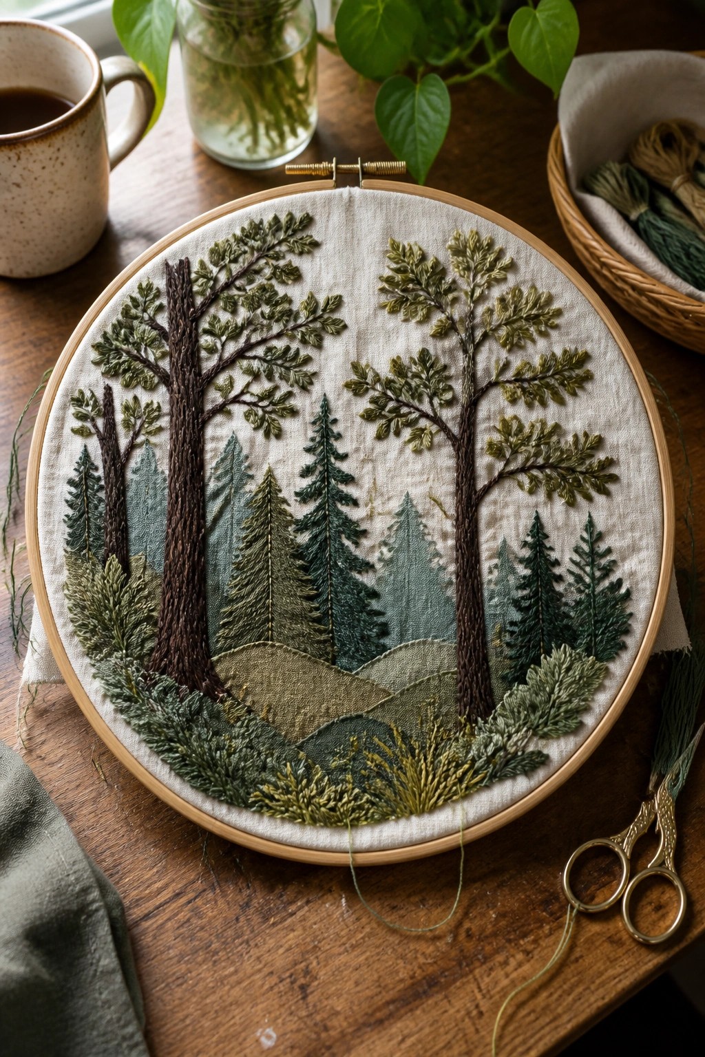 Embroidery hoop with detailed forest scene of trees and rolling hills on fabric