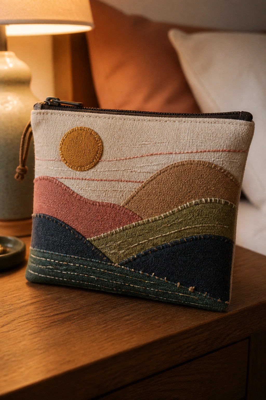 A zippered fabric pouch with layered patchwork hills and a circular sun sits on a wooden surface next to a lamp.