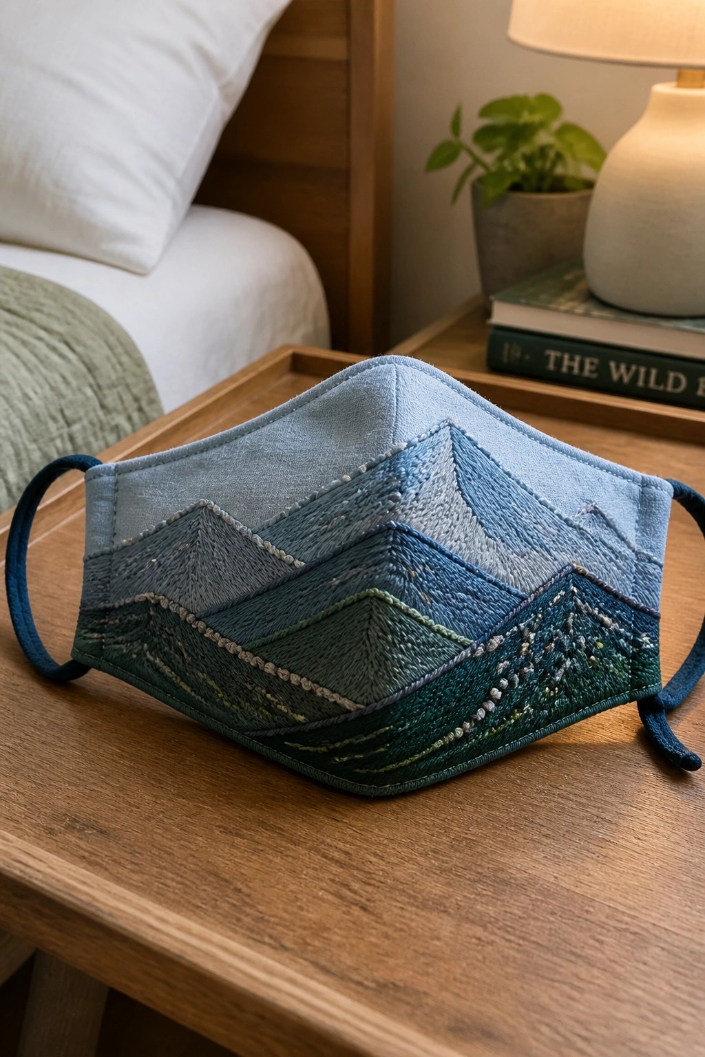 Embroidered blue-green mountain landscape face mask on wooden bedside table