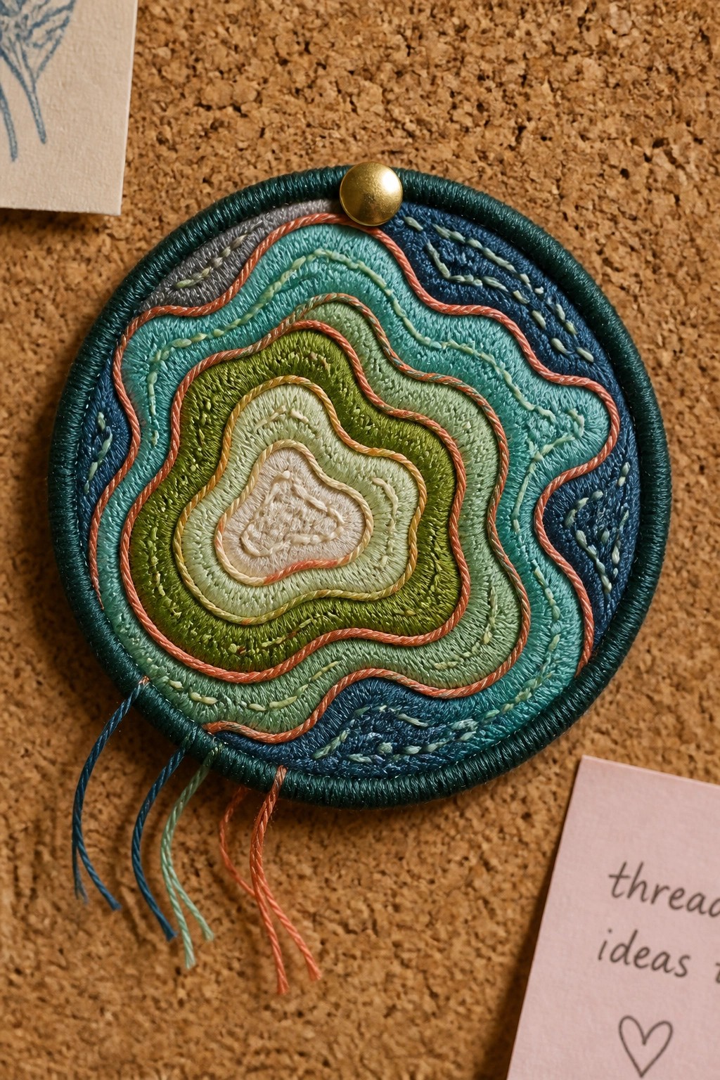Circular embroidered art with wavy green-blue layers, gold bead, and dangling threads.