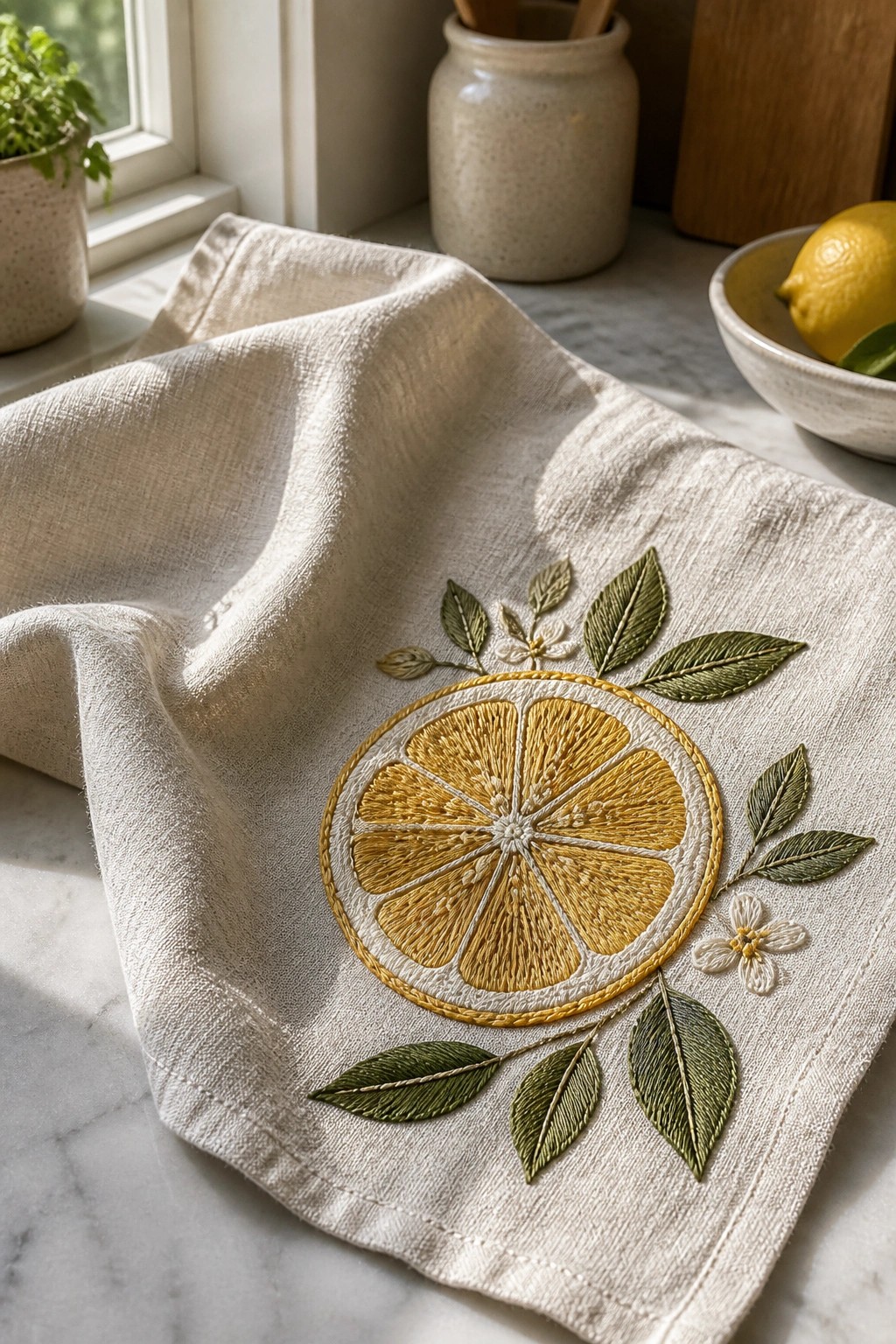 Embroidered yellow lemon slice with green leaves on beige linen cloth
