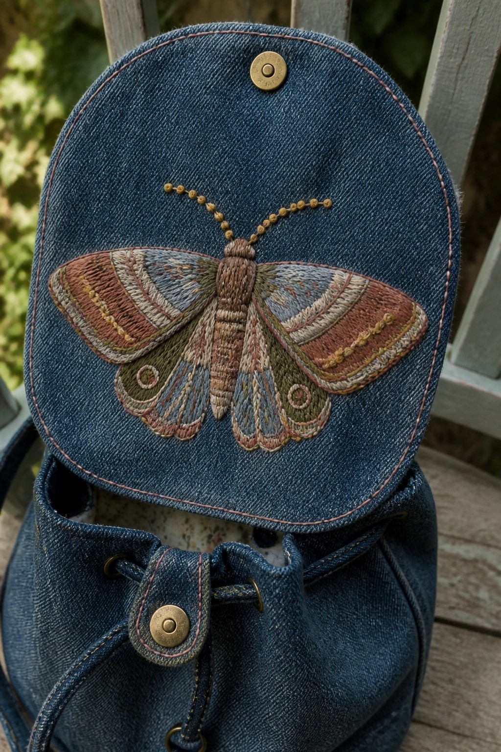 Blue denim bag with colorful embroidered moth on round flap and brass button.