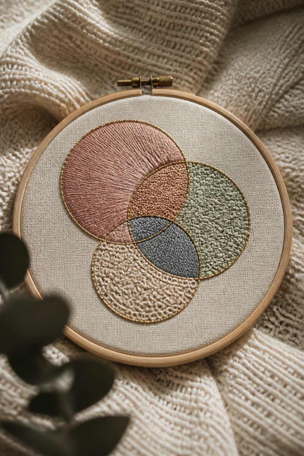 Embroidery hoop with overlapping circles in pink, green, blue, and beige on knitted fabric