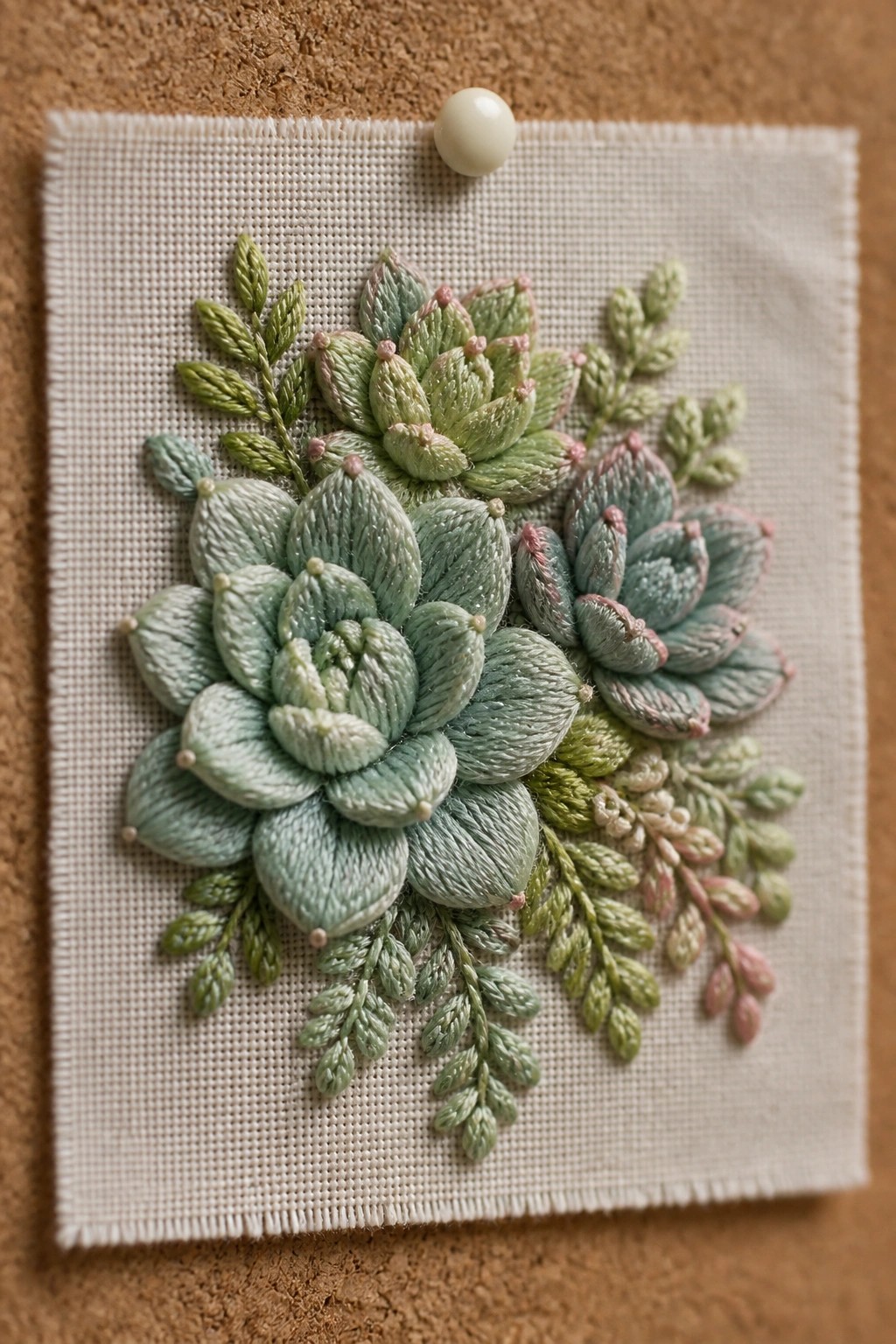 Embroidered green succulents with pink accents and leaves on beige fabric, pinned with pearl.