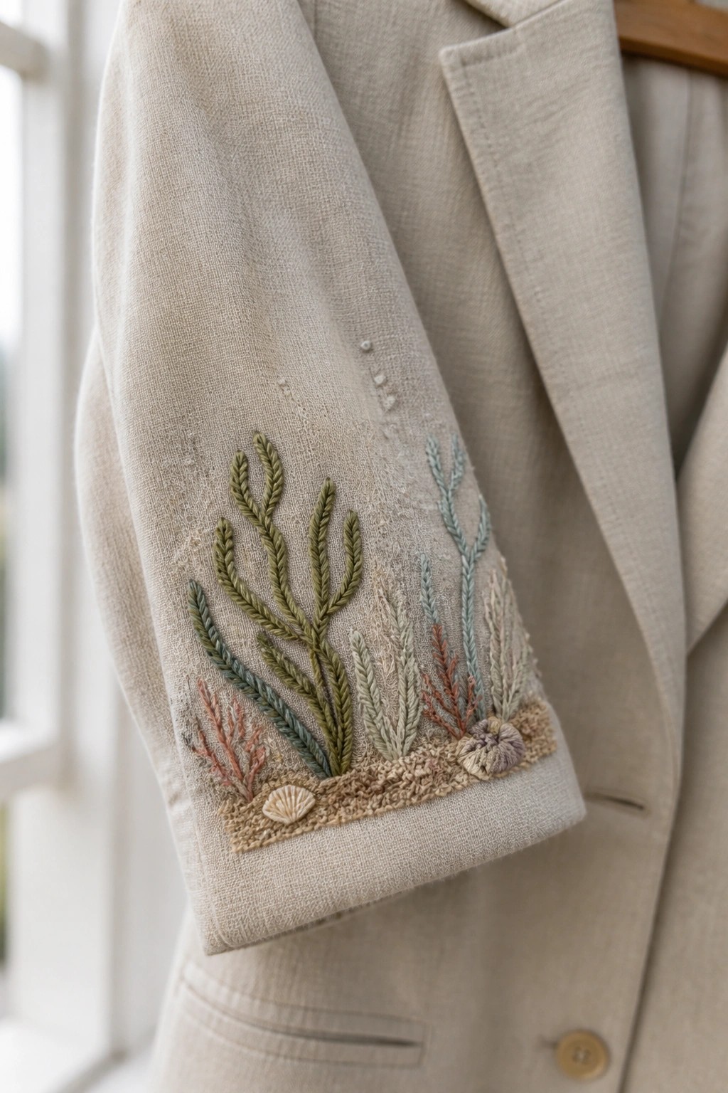 Beige blazer sleeve embroidered with seaweed, coral, and a seashell in muted tones.