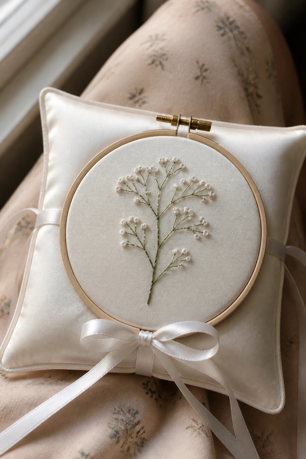 Embroidery hoop with delicate beaded plant on white satin pillow with ribbon bow