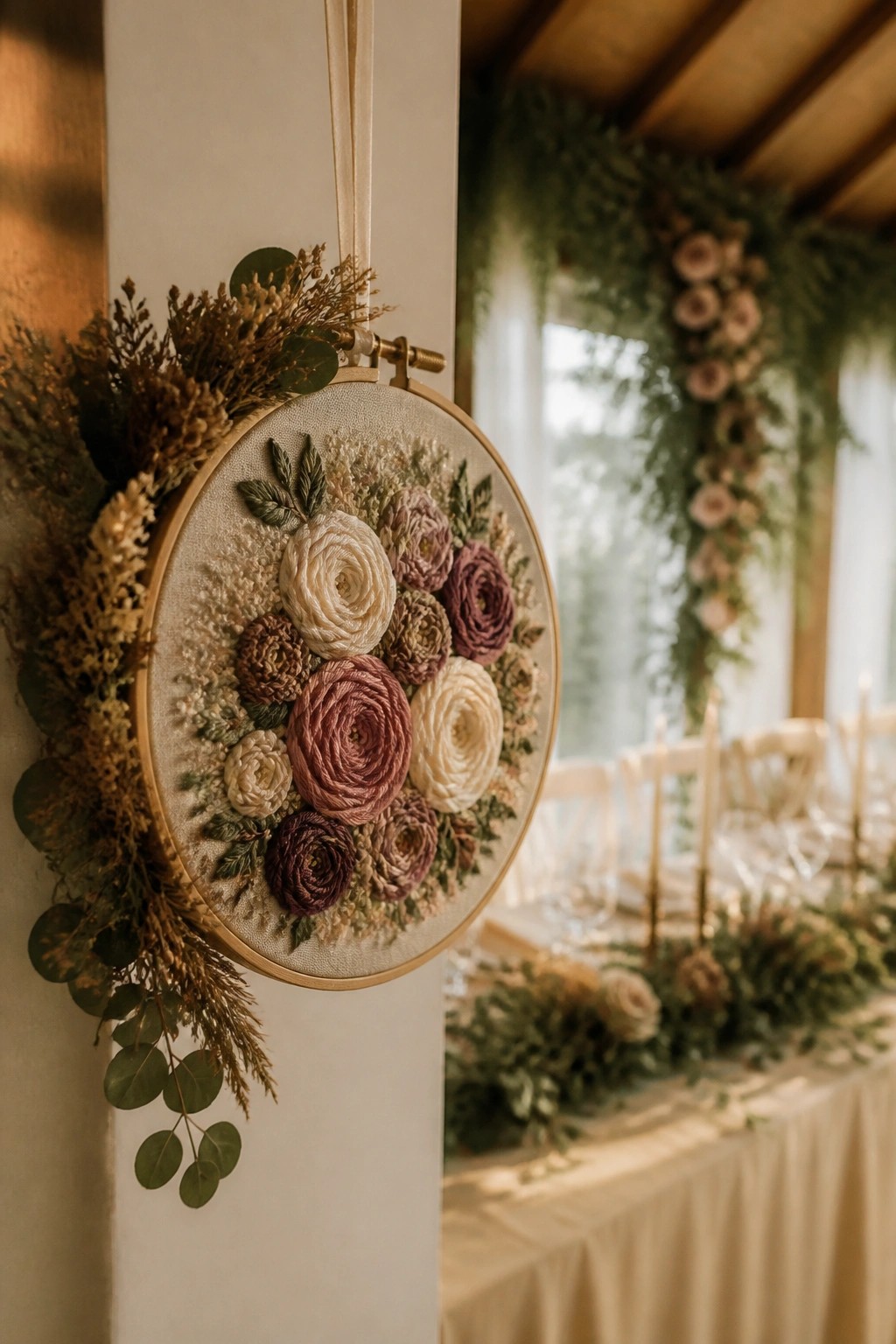 Hanging embroidery hoop with yarn roses in soft pinks and whites plus dried foliage