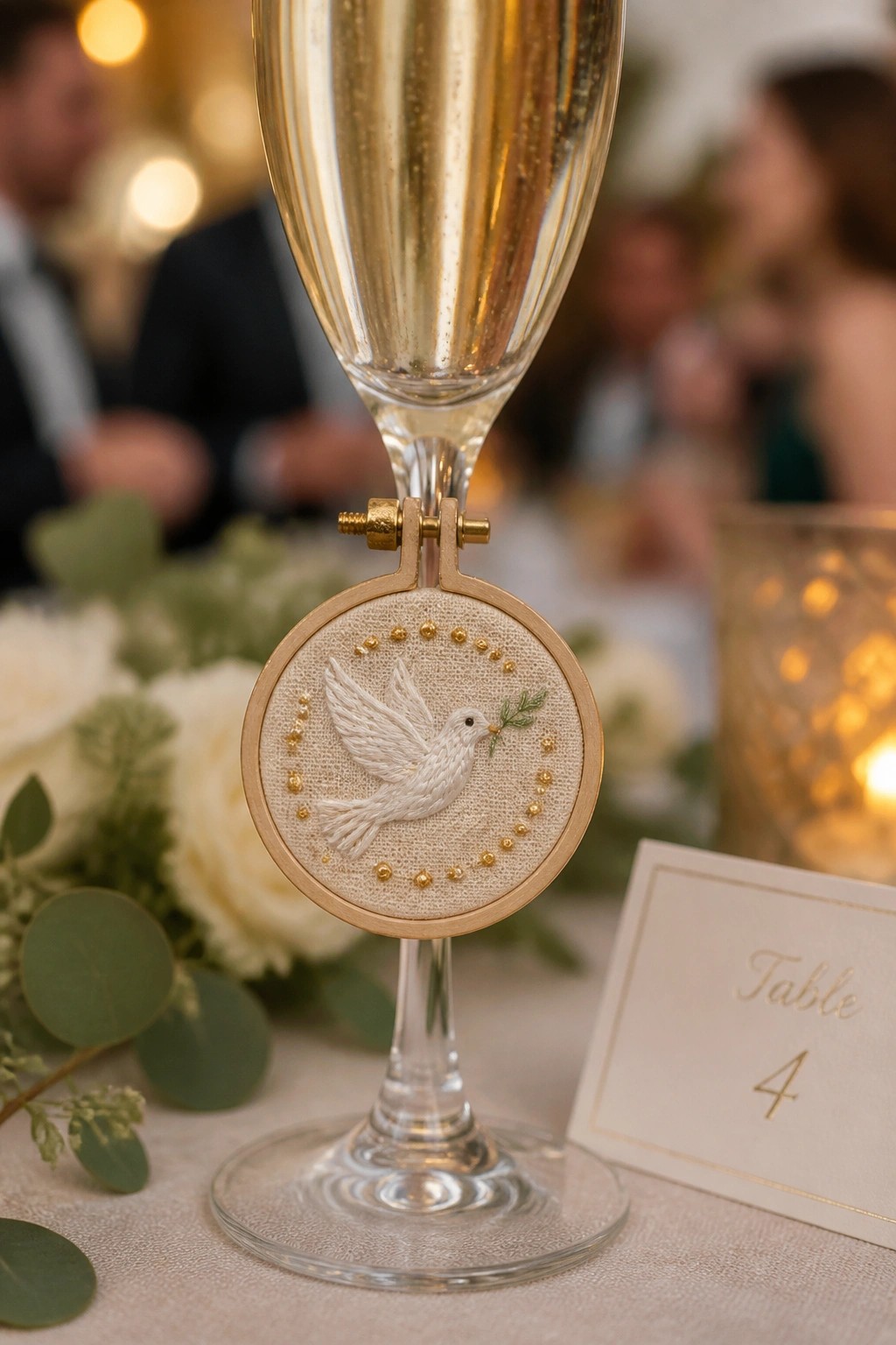 Champagne flute with embroidered white dove in gold-beaded miniature hoop on stem.