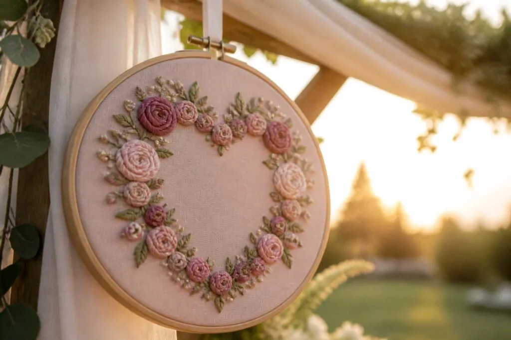 24 Romantic Wedding Embroidery Hoop Art for Ceremony and Reception Decor Heart-shaped pink rose embroidery hoop at golden hour wedding venue