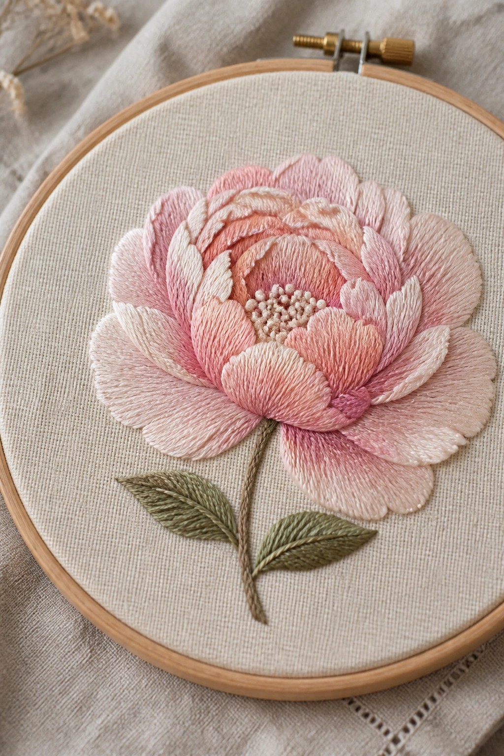 Pink embroidered peony with layered petals and green leaves in wooden hoop