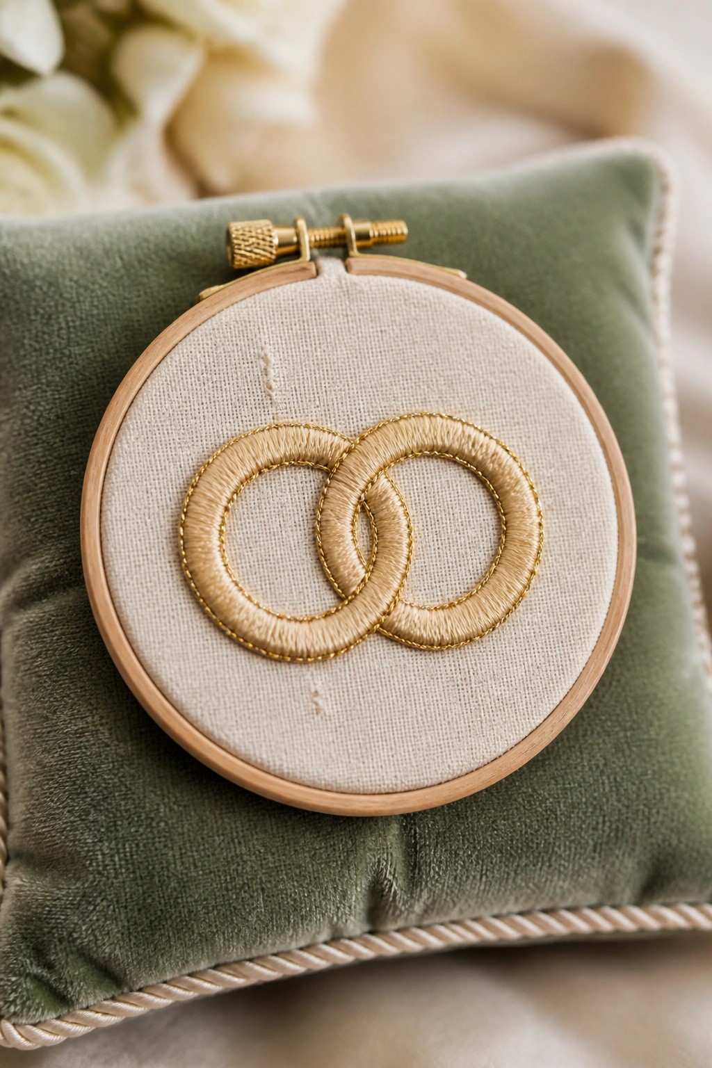 Gold interlocking rings embroidered on beige fabric in wooden hoop on green velvet pillow