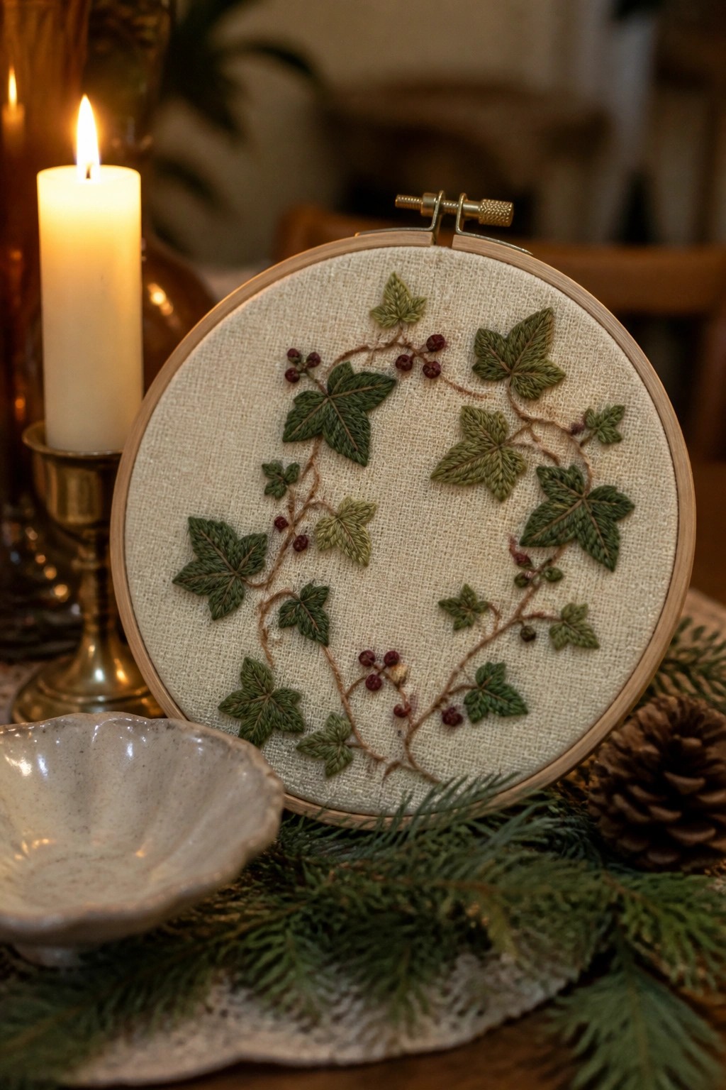 Embroidered ivy leaves and red berries in wooden hoop beside lit candle and pinecone.