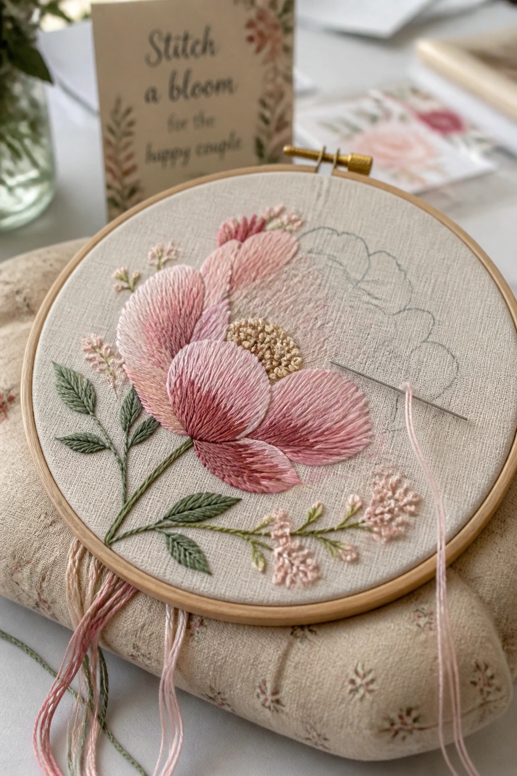 Wooden hoop with partially finished pink flower embroidery, green leaves, and a needle on beige fabric.