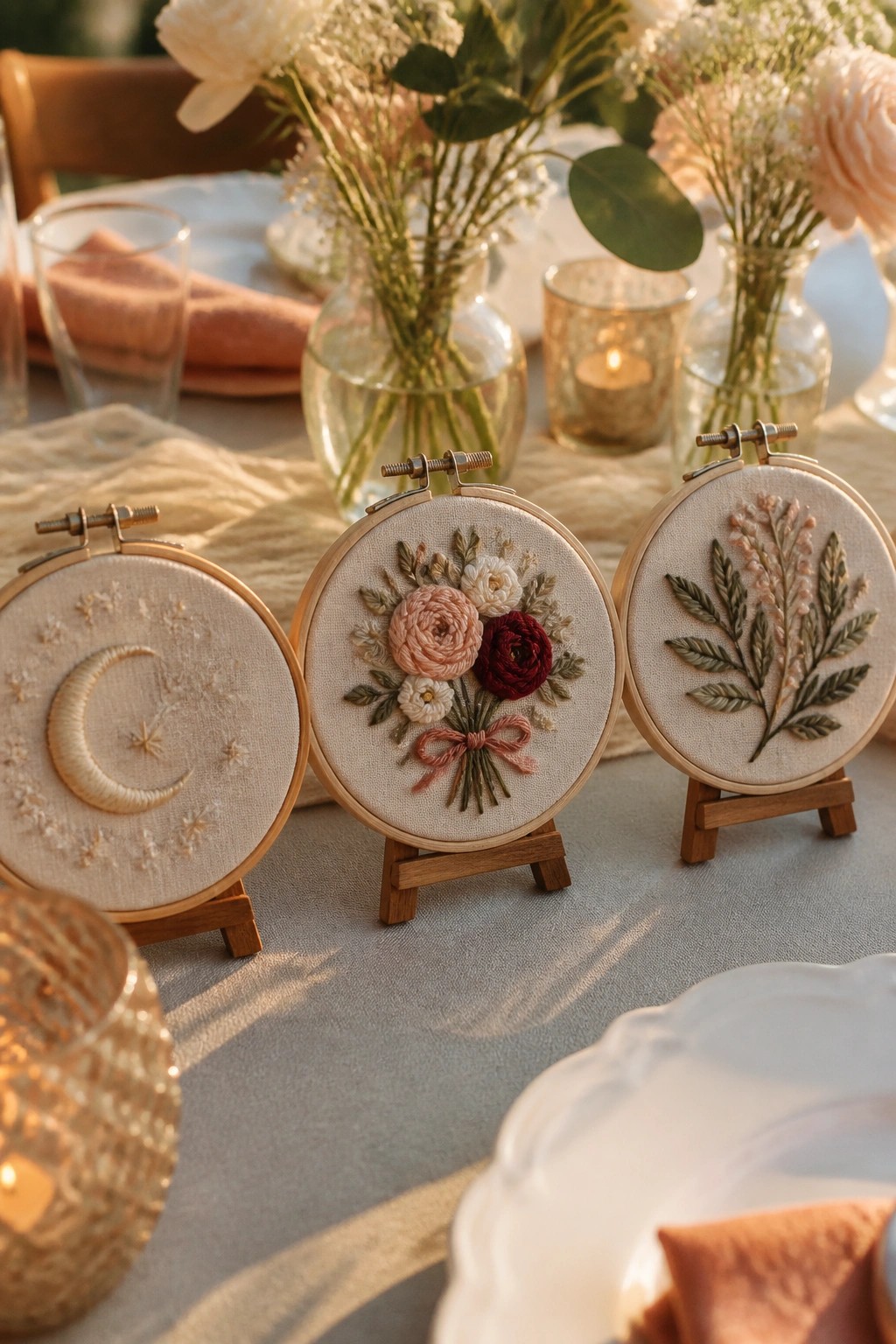 Three embroidered hoops with moon, floral bouquet, and leafy designs on a table