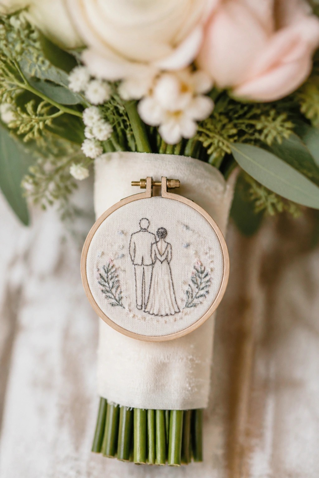 Mini embroidery hoop with bride and groom on white-wrapped wedding bouquet with pink roses